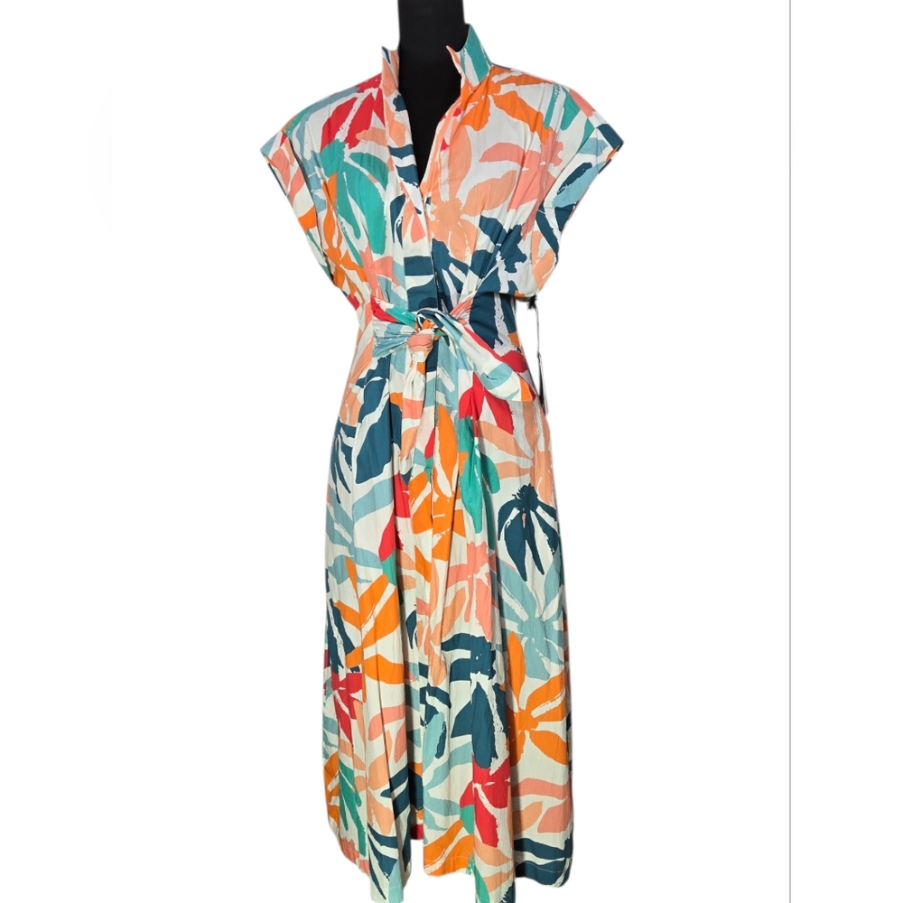 AP.NY Tropical Floral Midi Shirt Dress with Tie Waist - Multicolor - Picture 5 of 14